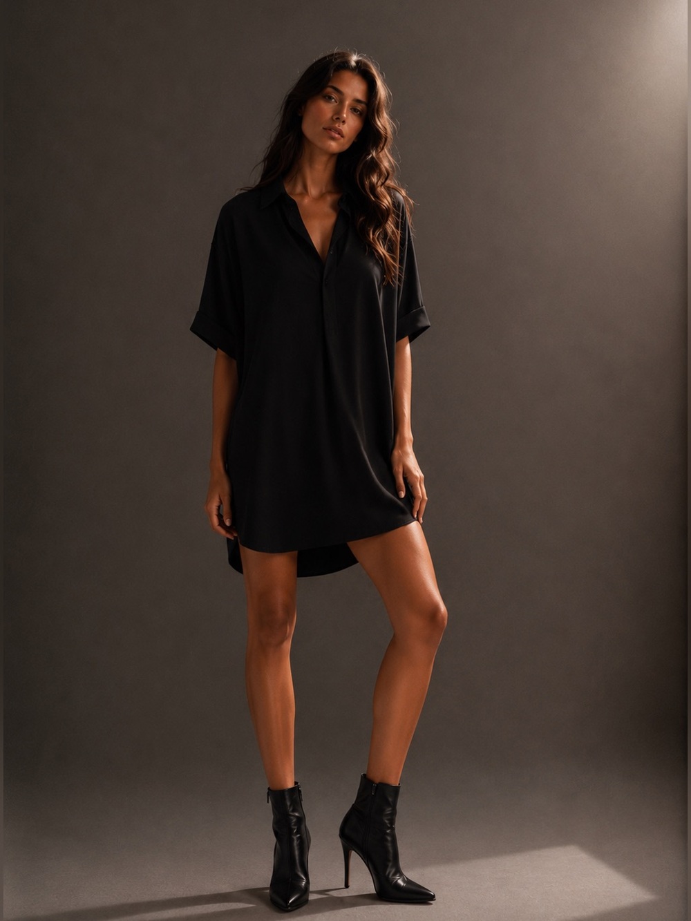 ORIANE Oversized Black Shirt Dress with Pockets